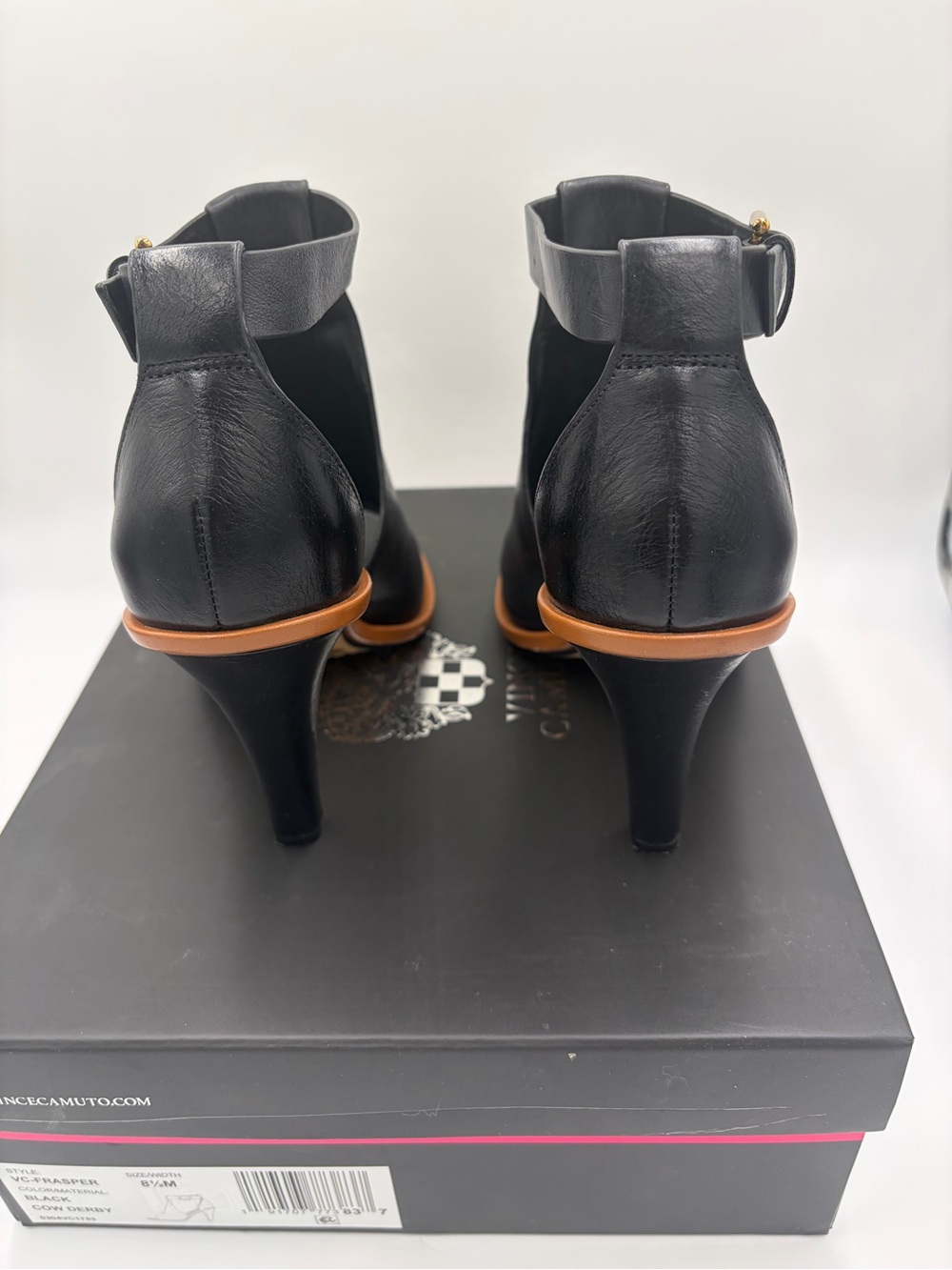 Vince Camuto Fasper Black Leather Ankle-Strap Peep-Toe Heel 8.5 Bootie Sandal - Picture 5 of 9